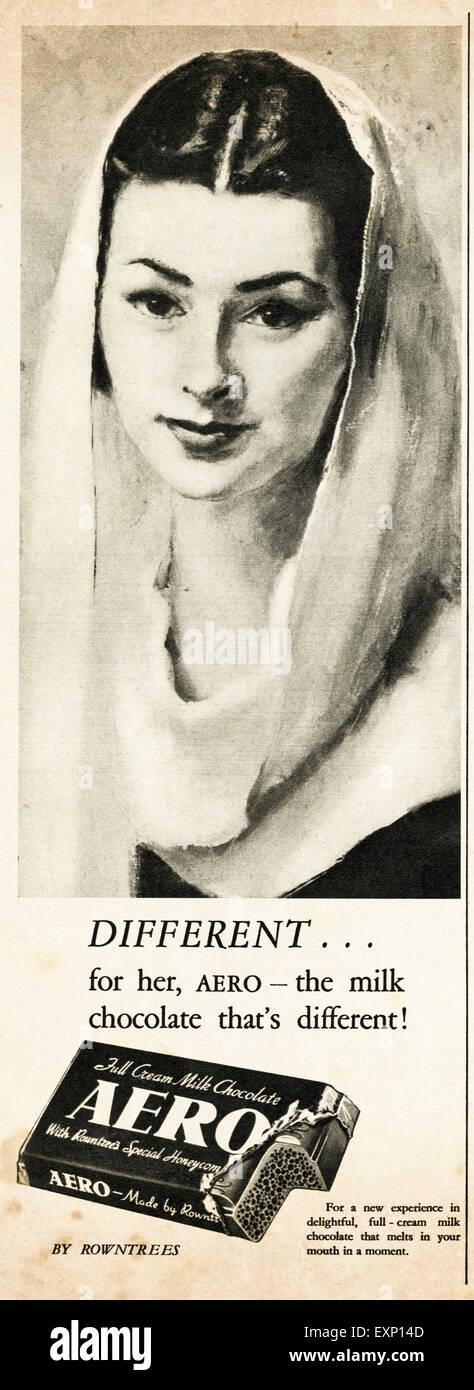1950er Jahre Werbung ca. 1951 Magazin Anzeige für AERO Milchschokolade von Rowntrees Stockfoto
