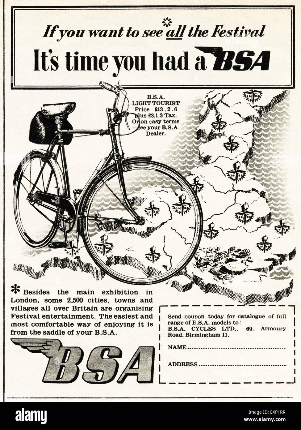 1950er Jahre Werbung ca. 1951 Magazin Anzeige für BSA-Fahrräder Stockfoto