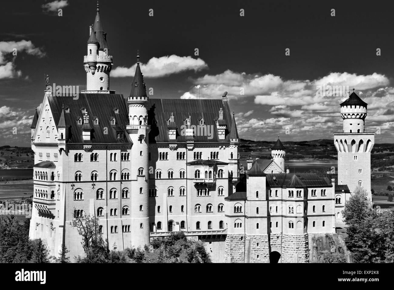 Deutschland, Bayern: Blick auf das Schloss Neuschwanstein in Schwangau in schwarz / weiß-version Stockfoto