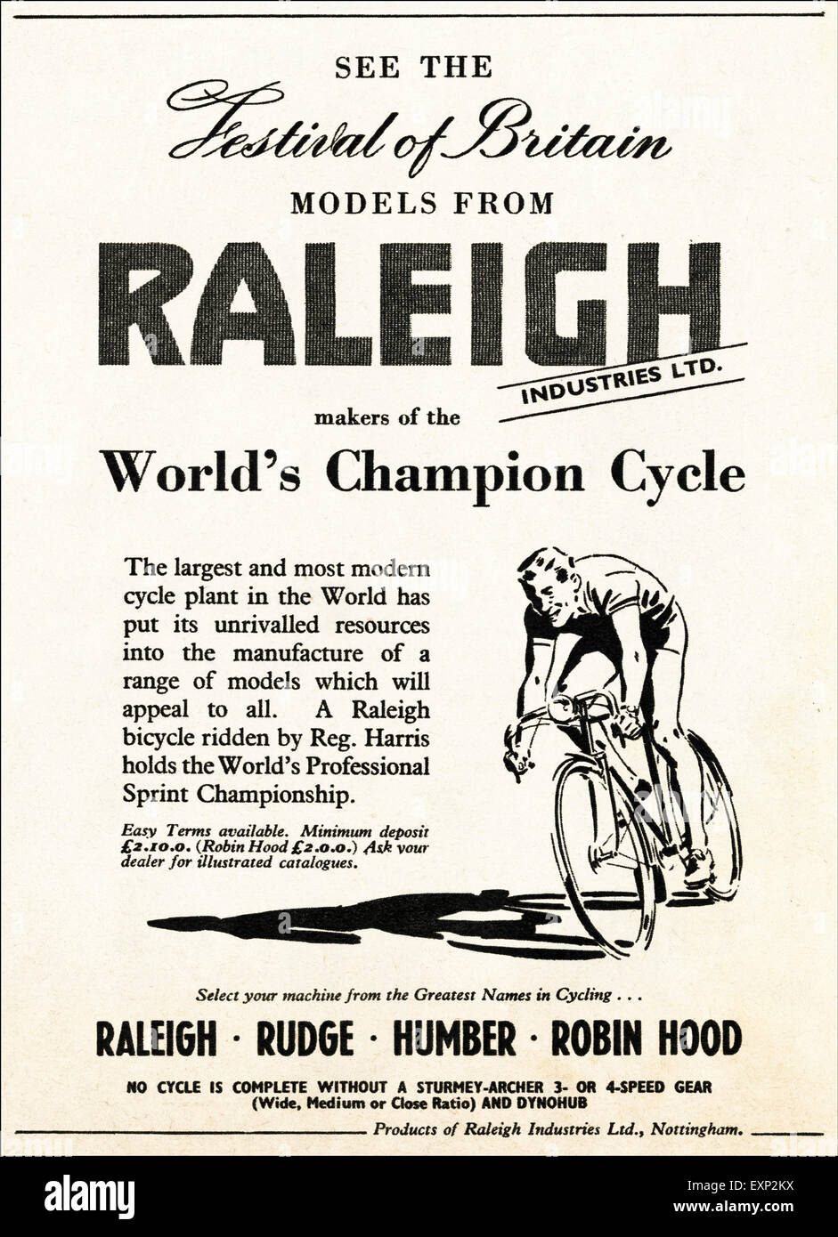 1950er Jahre Werbung ca. 1951 Magazin Anzeige für RALEIGH Fahrräder Stockfoto