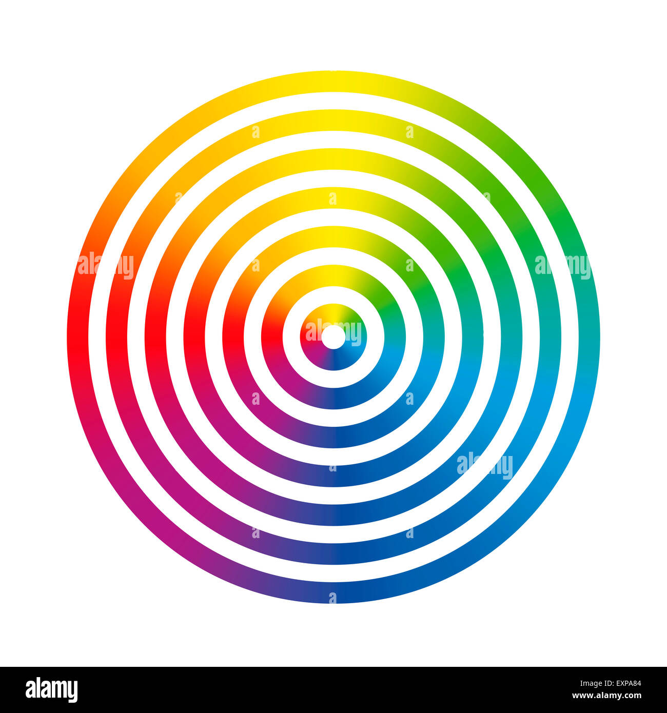 Sieben Regenbogen Farbverlauf farbige Ringe unterschiedlicher Größe, ineinander ineinander geschoben. Stockfoto