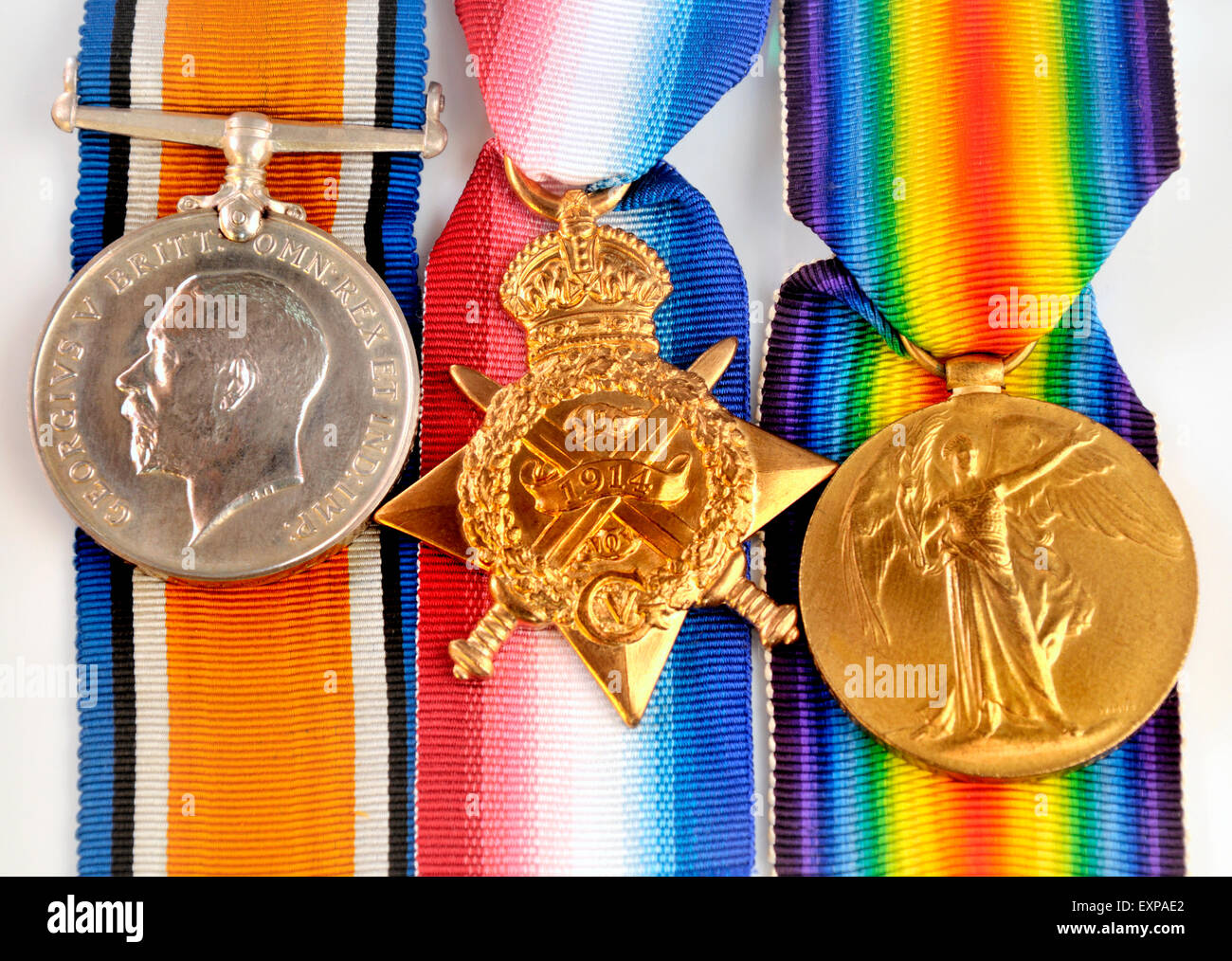 Ersten Weltkrieg Medaillen: "Pip, Quietschen und Wilfred" britischen Krieg-Medaille; 1914-Star; Sieg-Medaille (von links nach rechts) Stockfoto