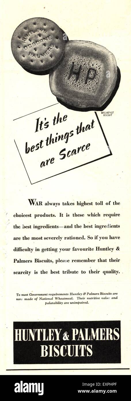 1940er Jahre UK Huntley und Palmers Magazin Anzeige Stockfoto