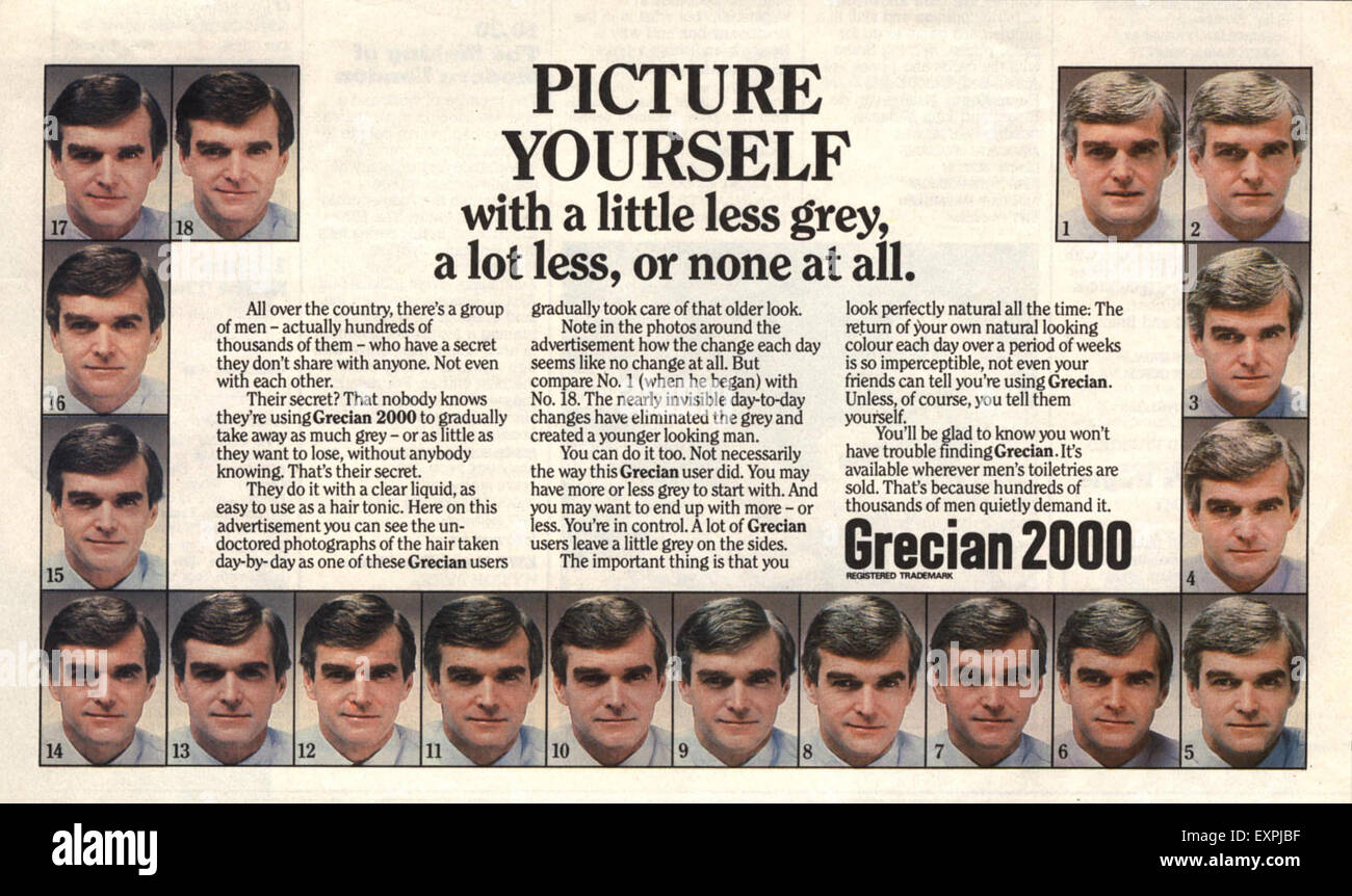 1980er Jahre UK Grecian 2000 Magazin Anzeige Stockfoto