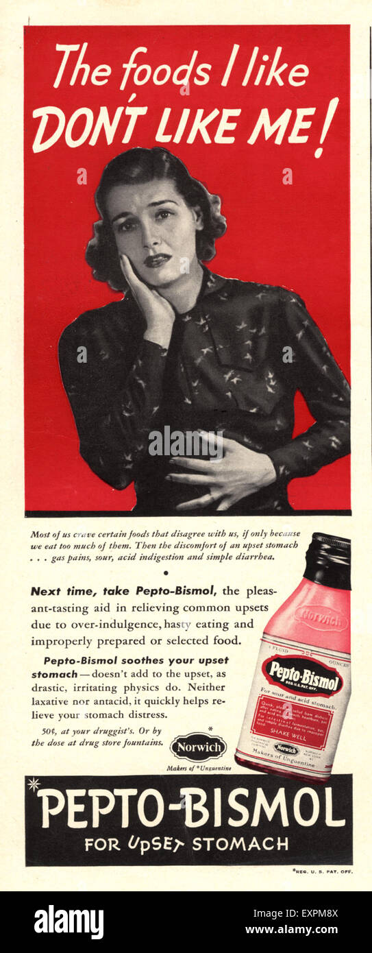 1940er Jahre UK Pepto-Bismol Magazin Anzeige Stockfoto