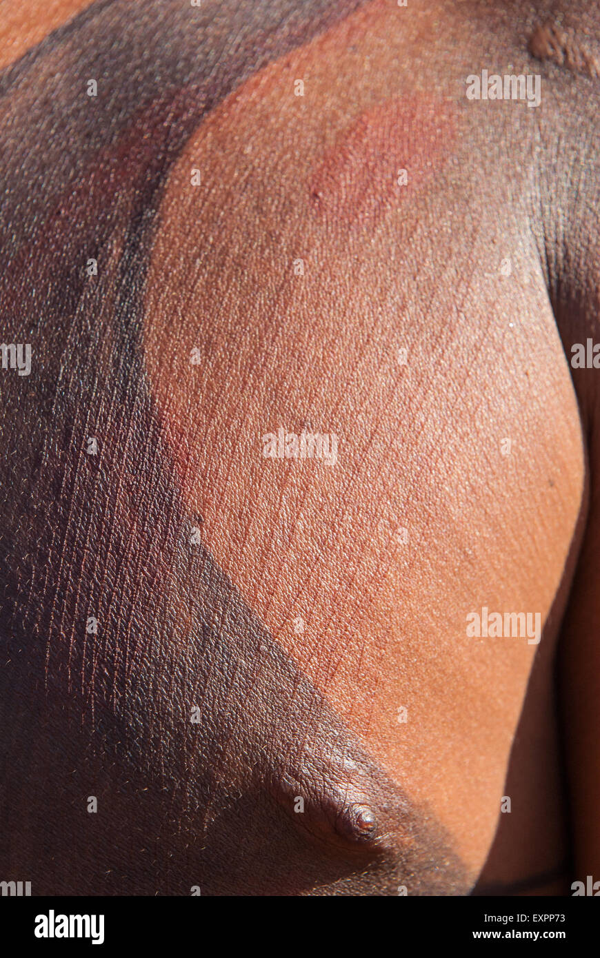 Xingu indigenen Park, Mato Grosso, Brasilien. Aldeia Matipu. Vorbereitung auf die Zeremonie Kuarup Genipapo Körperfarbe und eingeritzten Brust. Stockfoto