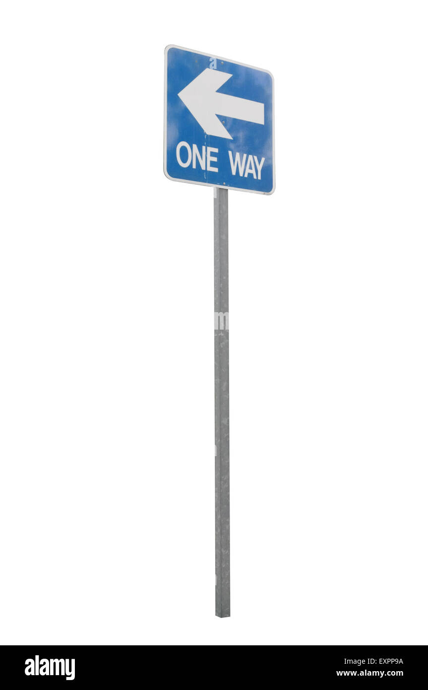 Ein Weg nach links Schild und Pfeil auf blau Stockfoto