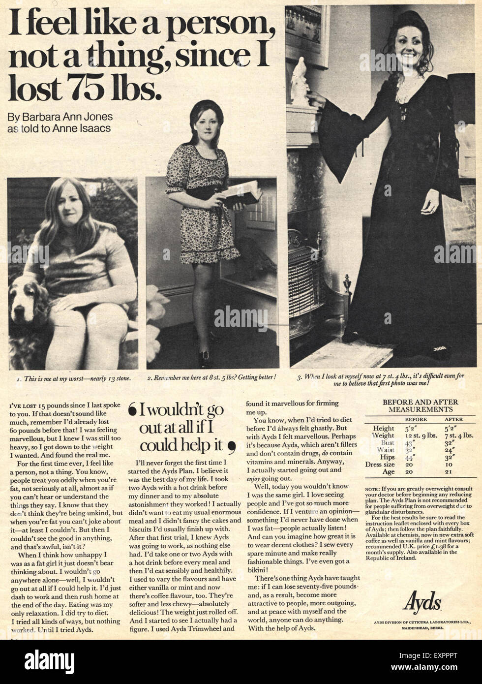 1970er Jahre UK Ayds Magazin Anzeige Stockfoto