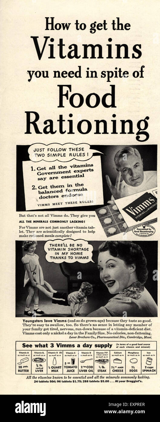 1940er Jahren USA Vitamine Rationierung Magazin Anzeige Stockfoto