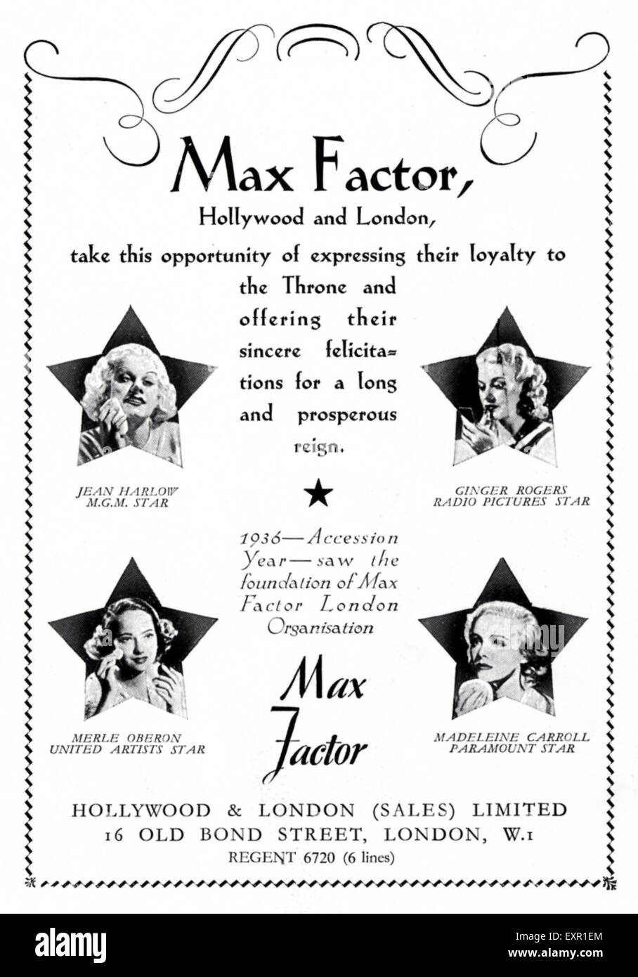 1950er Jahre UK Max Factor Magazin Anzeige Stockfoto