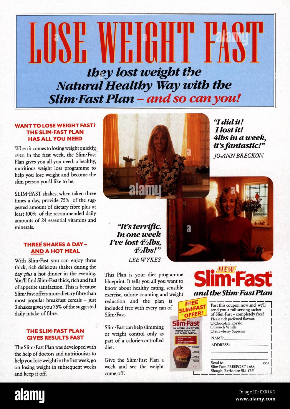 1980er Jahre UK Slimfast Magazin Anzeige Stockfoto