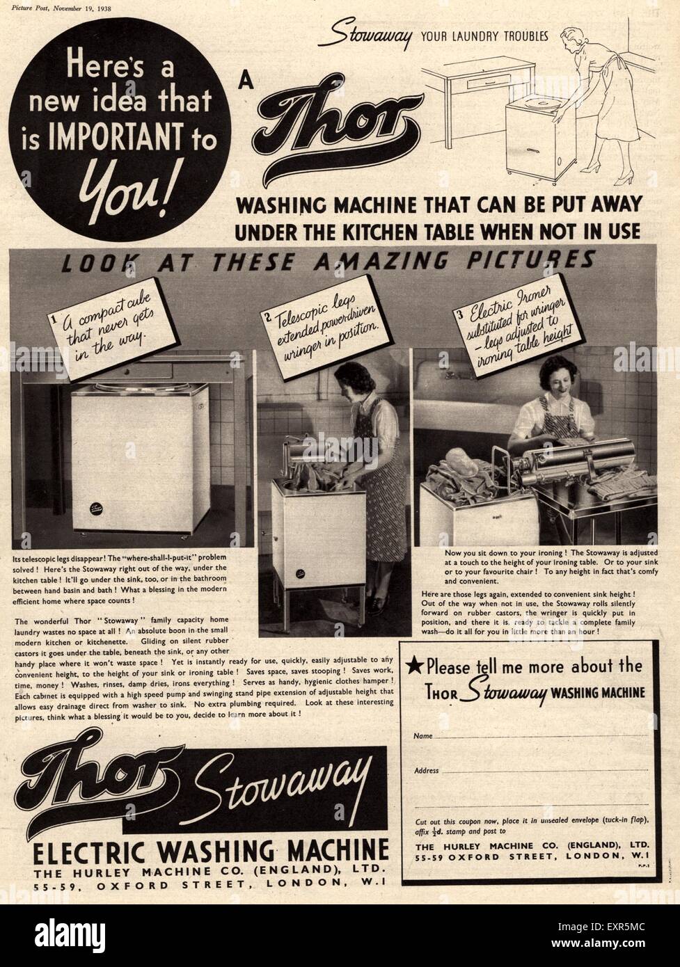 1930er Jahre Waschmaschinen UK Thor Magazin Anzeige Stockfoto