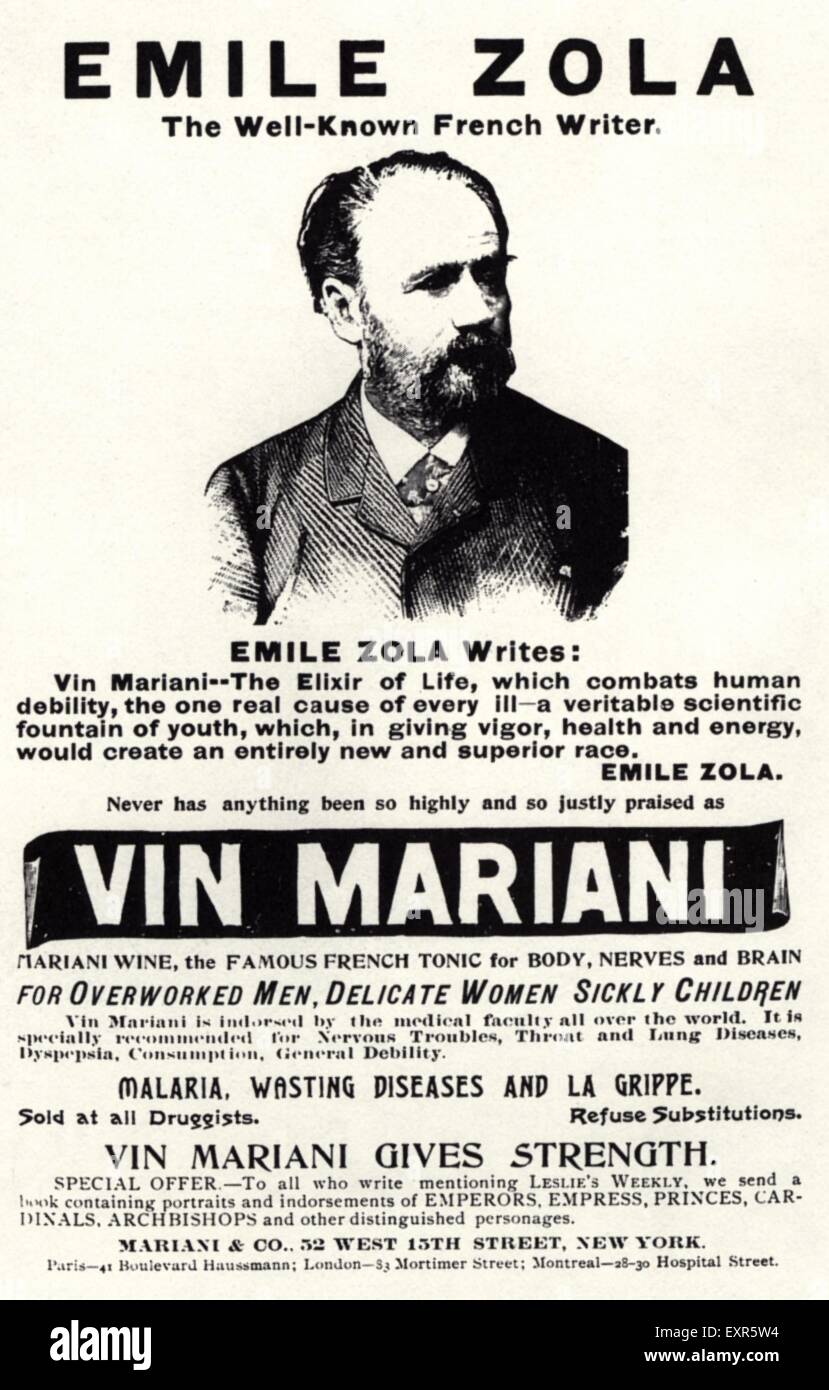 1890er Jahren UK Vin Mariani Emile Zola Magazin Anzeige Stockfoto