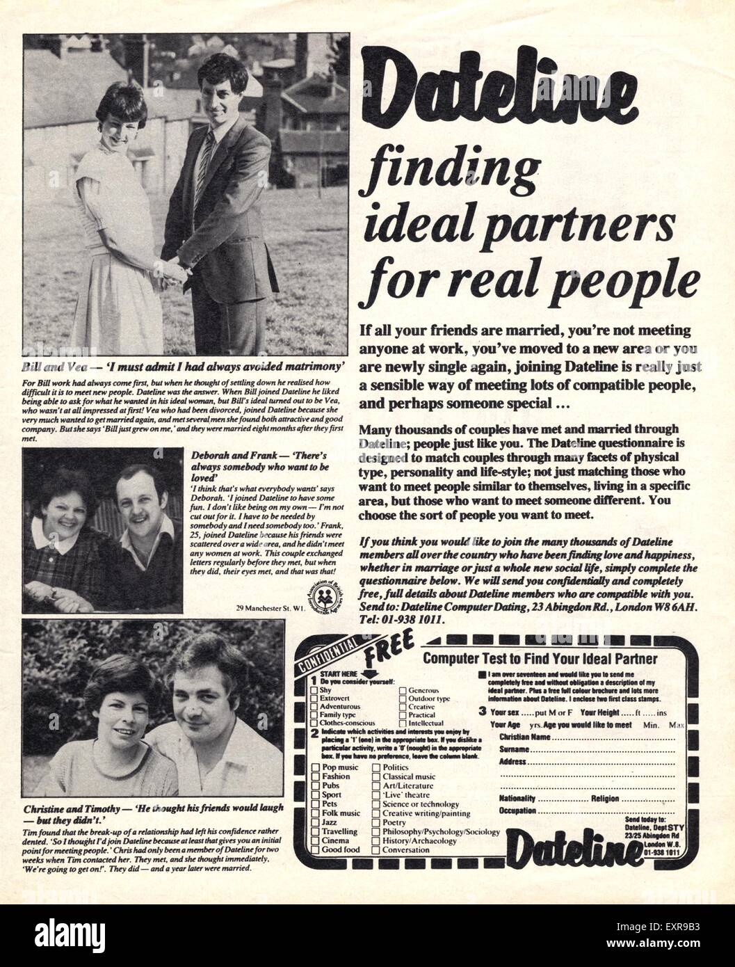 1980er Jahre UK Dateline Magazin Anzeige Stockfoto