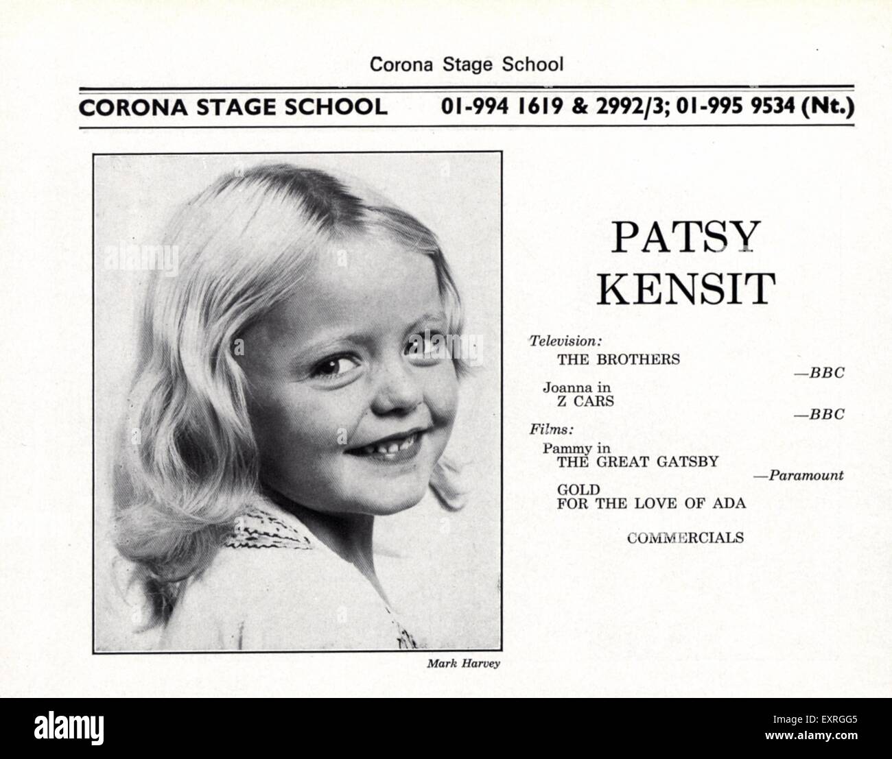 1970er Jahre UK Corona Stage School Magazin Anzeige Stockfoto