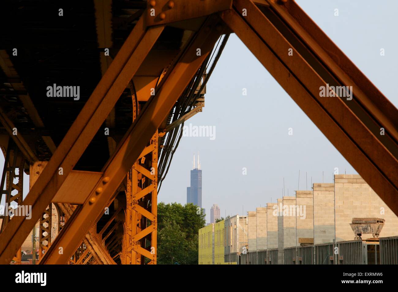 CTA Blue Line erhöht schnelle Durchfahrt von Bloomingdale Trail betrachtet. Willis Tower entfernt. Stockfoto