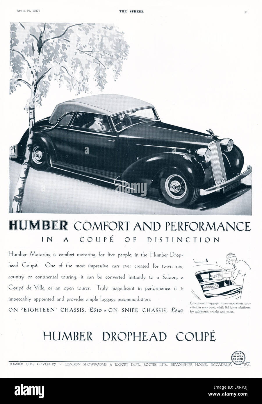 1930er Jahre UK Humber Magazin Anzeige Stockfoto