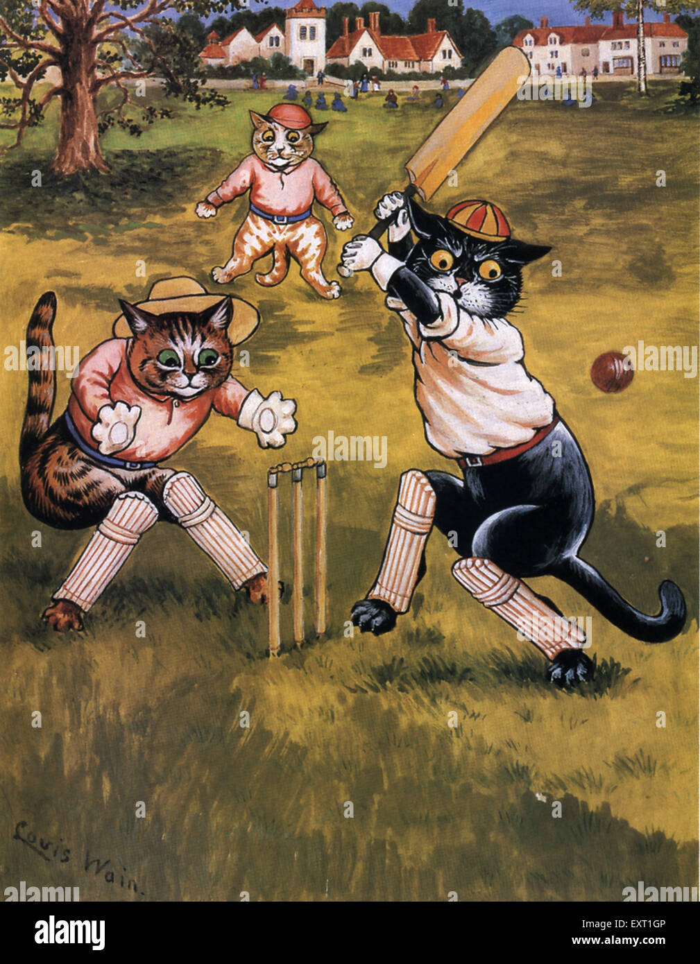1890er Jahren UK Katzen spielen Cricket-Buch-Platte Stockfoto