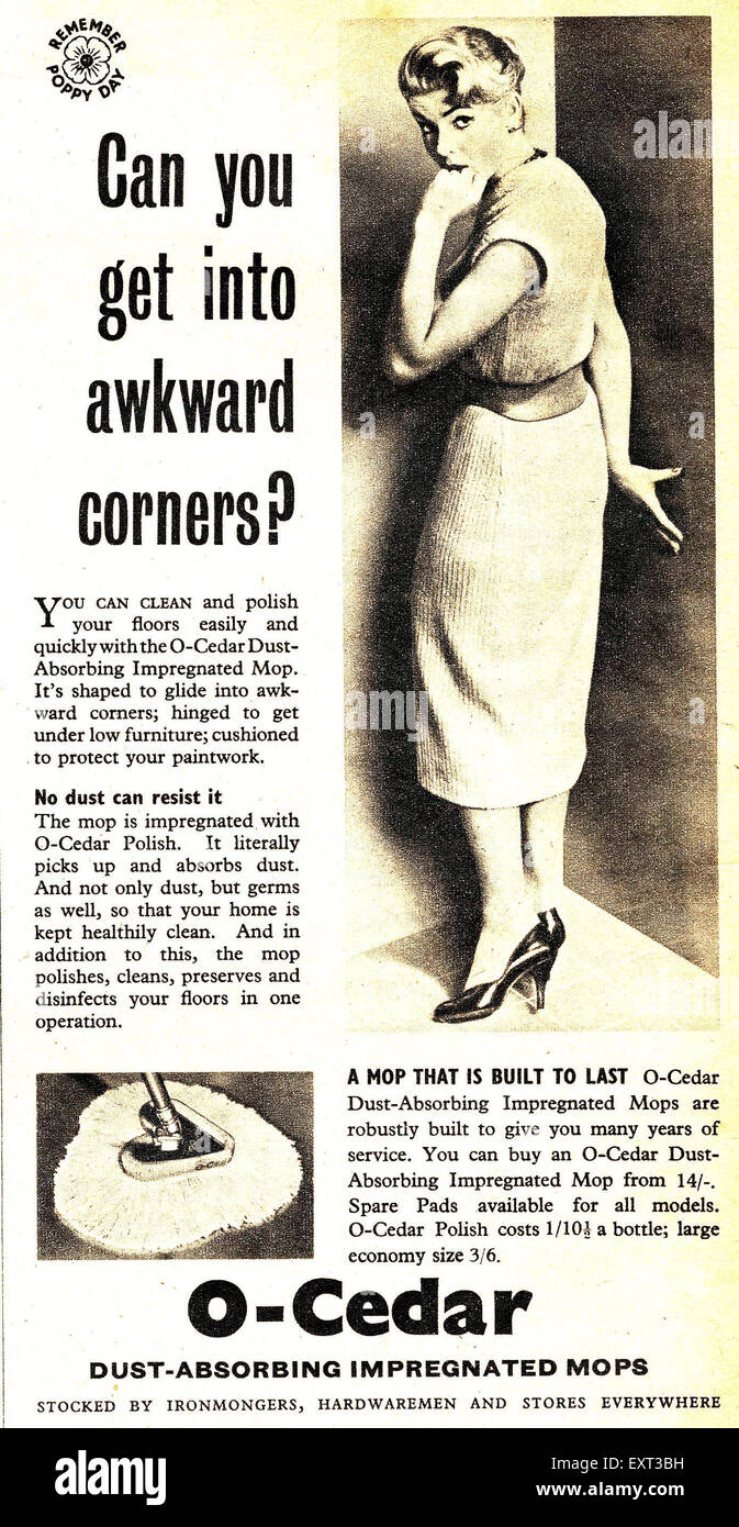 1950er Jahre UK O-Cedar Magazin Anzeige Stockfoto