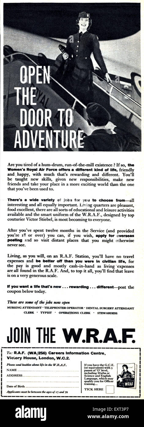 1960er Jahre UK W.R.A.F Womens Royal Air Force Magazin Anzeige Stockfoto