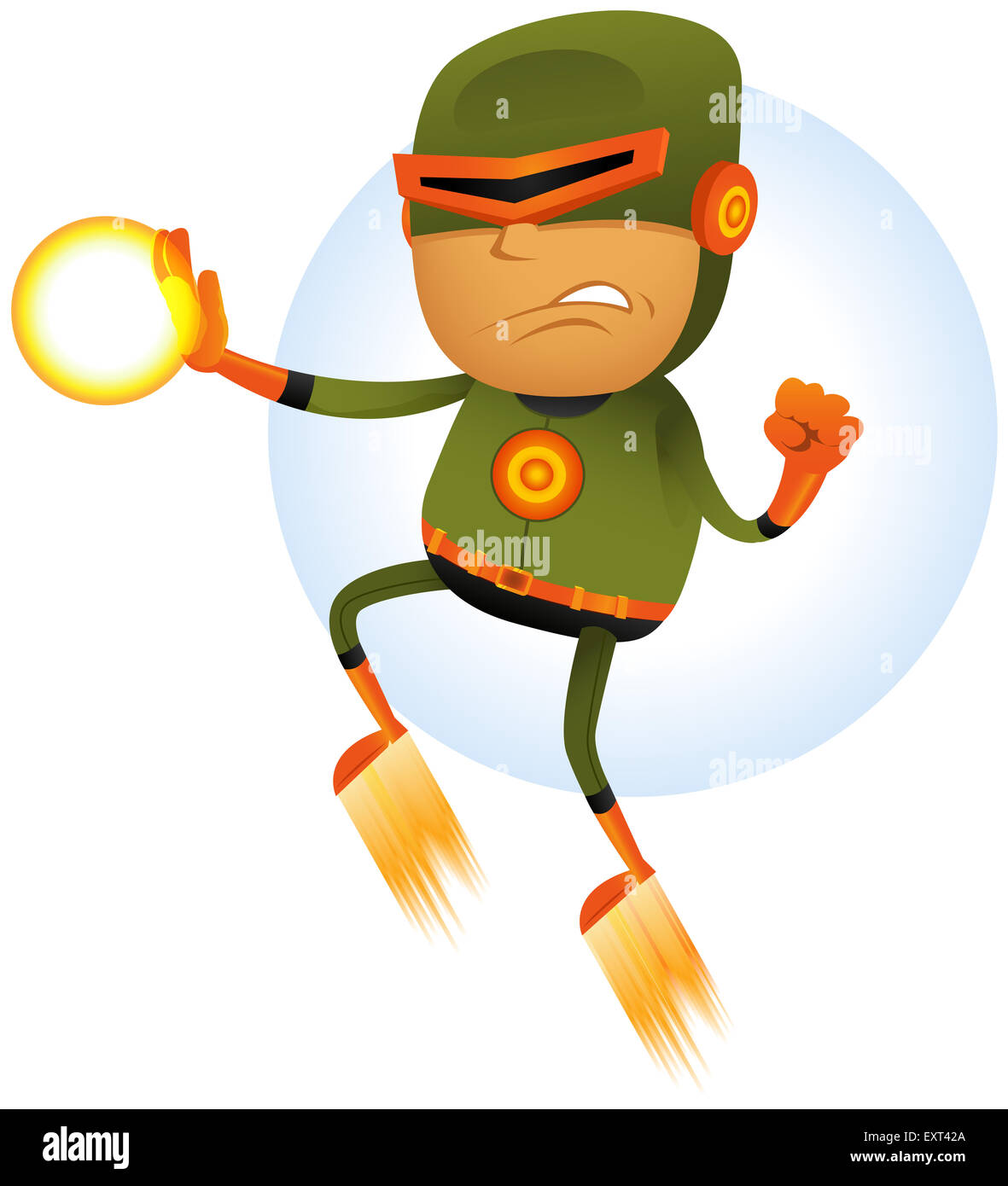 Abbildung eines Cartoon-Orange und grün maskierten Superhelden Charakter fliegen und kämpfen in der Luft mit Power Laserstrahl Stockfoto