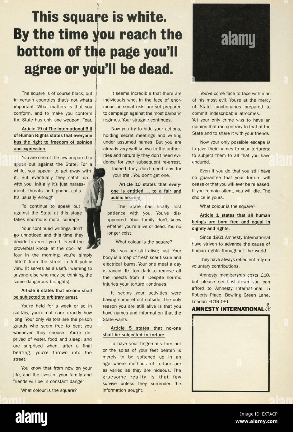 Anzeige der 1980er Jahre UK Amnesty International Magazin Stockfoto