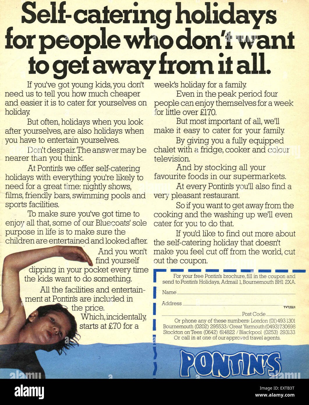 1980er Jahre UK Pontin Magazin Anzeige Stockfoto
