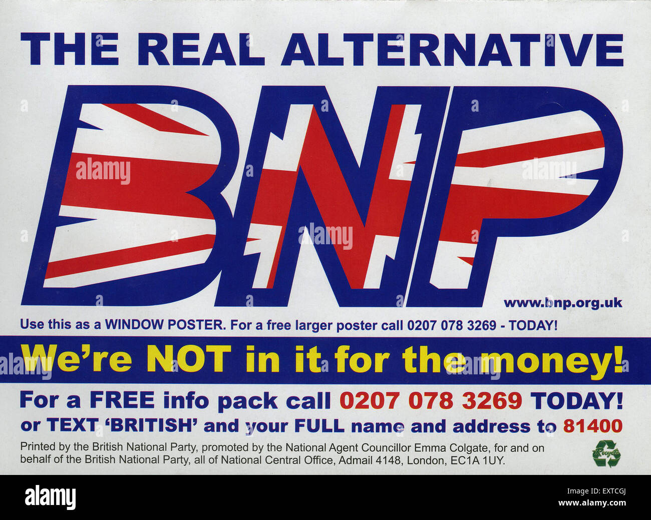 2000er Jahre UK britische nationale Partei Faltblatt / Flyer Stockfoto