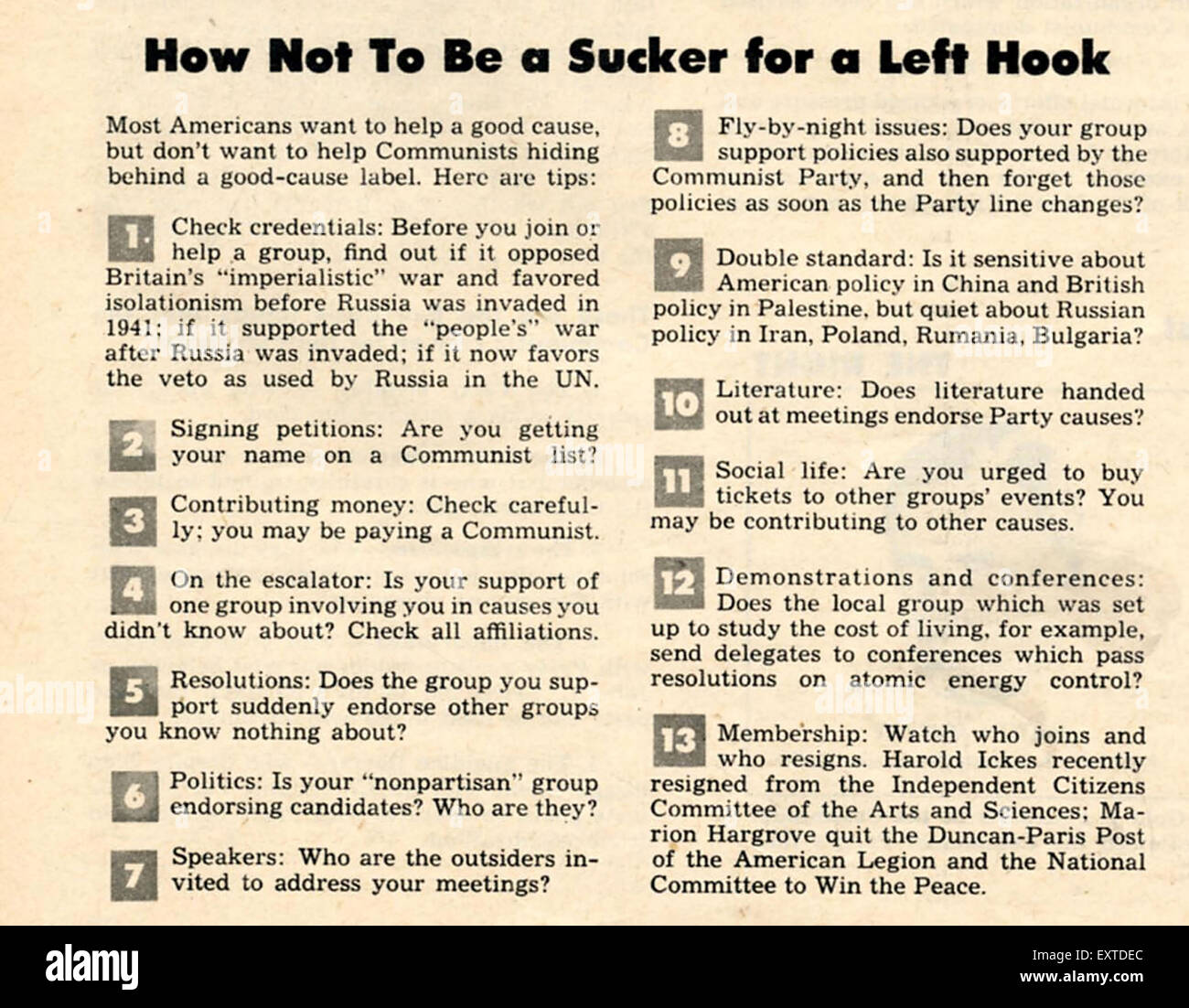 1940er Jahren USA Anti-kommunistischen Tipps Magazin Platte Stockfoto