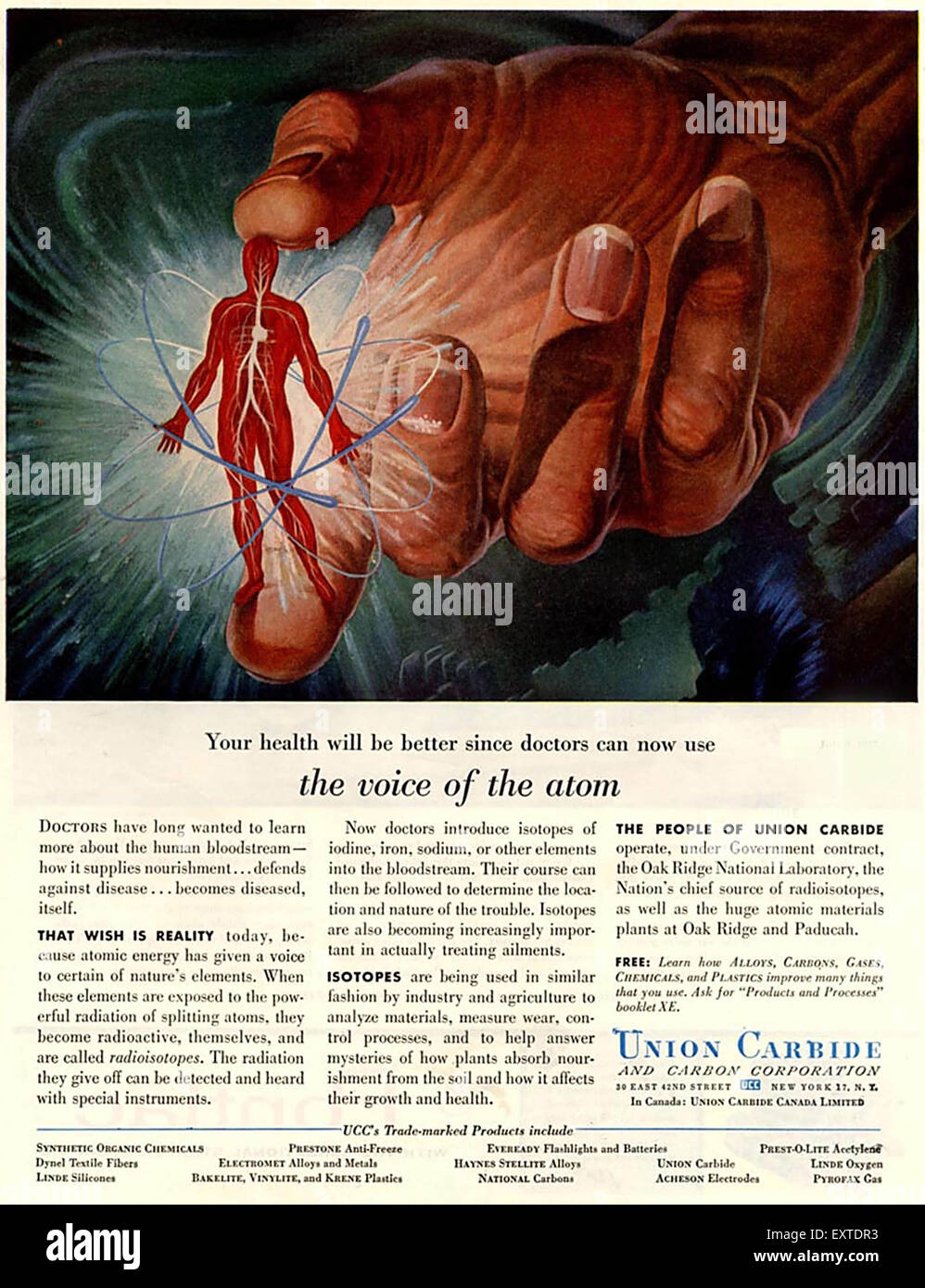 1950er Jahren USA Union Carbide & Carbon Corporation Magazin Anzeige Stockfoto