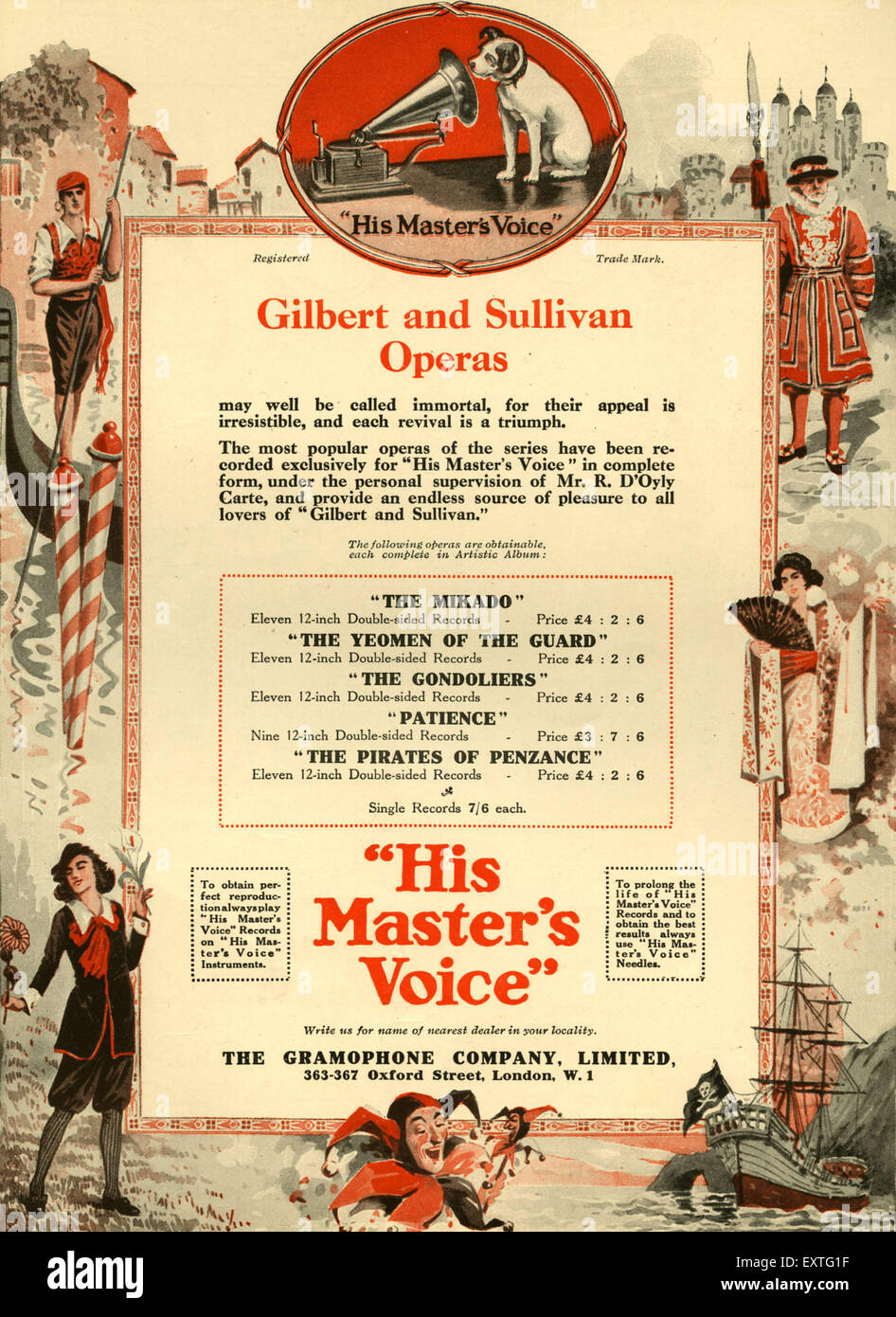 1920er Jahre UK HMV, die Firma Gramaphone Gilbert und Sullivan Magazin Anzeige Stockfoto