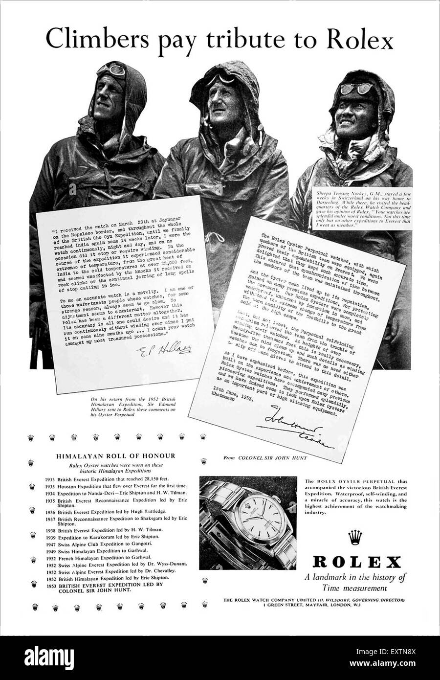 1950er Jahre UK Rolex Magazin Anzeige Stockfoto