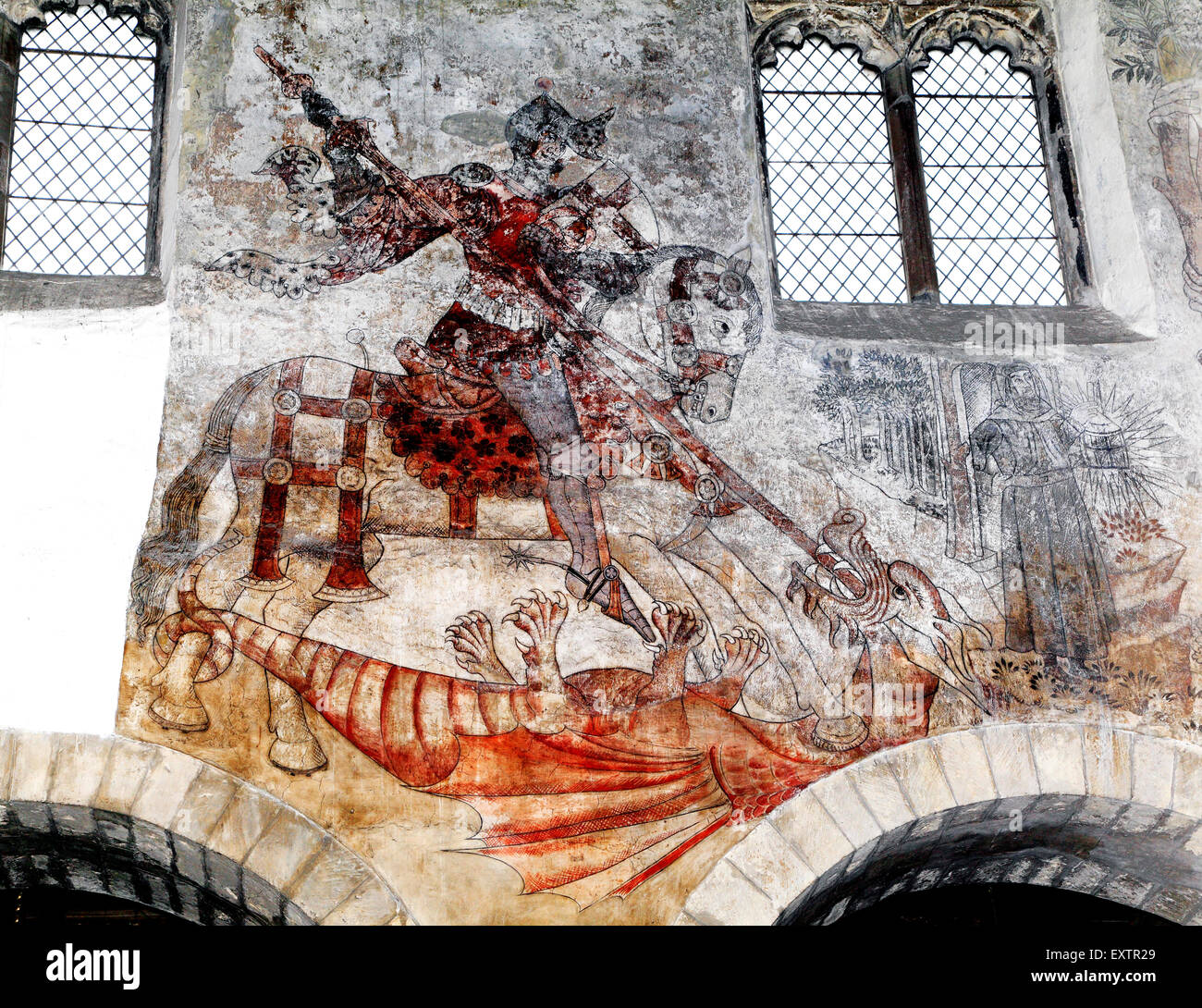 St. George und der Drache, mittelalterliche Wandmalerei, Pickering, Yorkshire England UK Saints saint, Gemälde Stockfoto