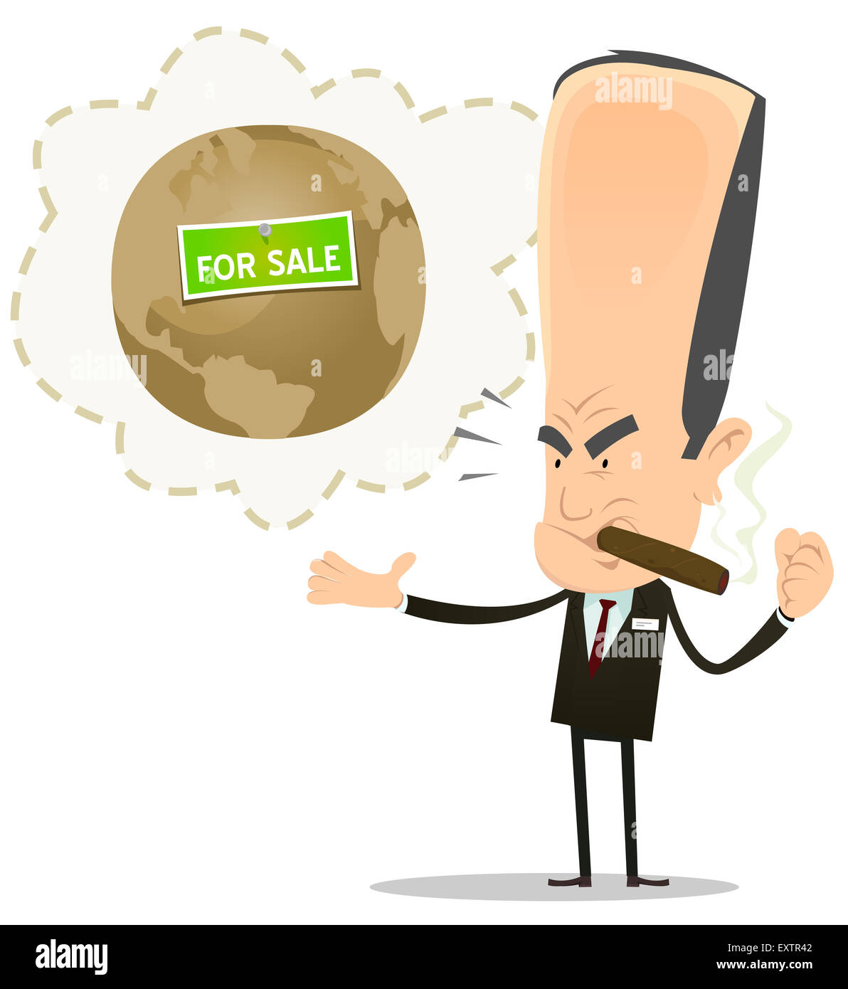 Beispiel für ein Cartoon sauer und wütend großer Geschäftsmann Banker Räuber Gauner Plot, der Verkauf von Muttererde Stockfoto