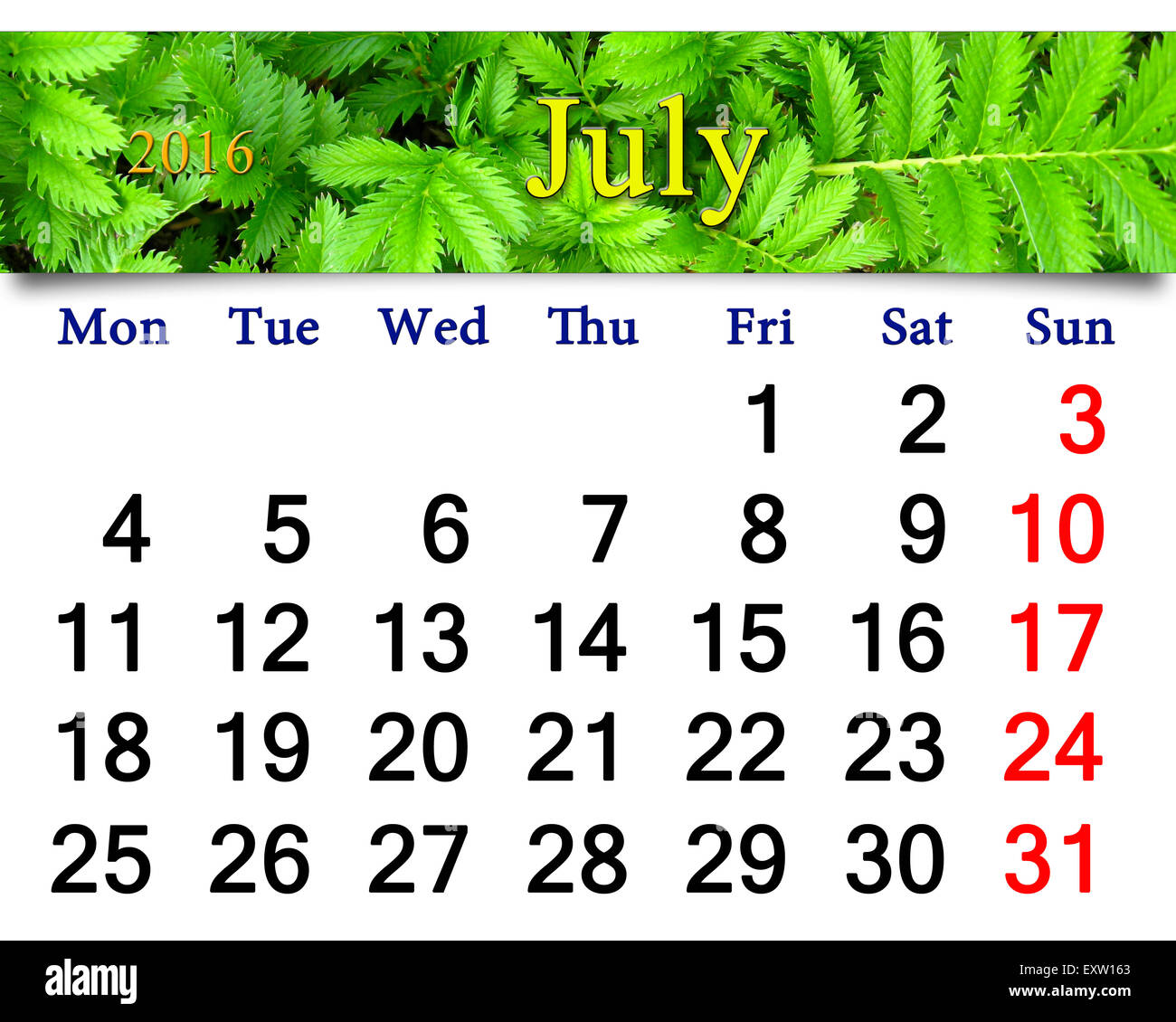 Kalender für Juli 2016 mit Band der blaue clematis Stockfoto