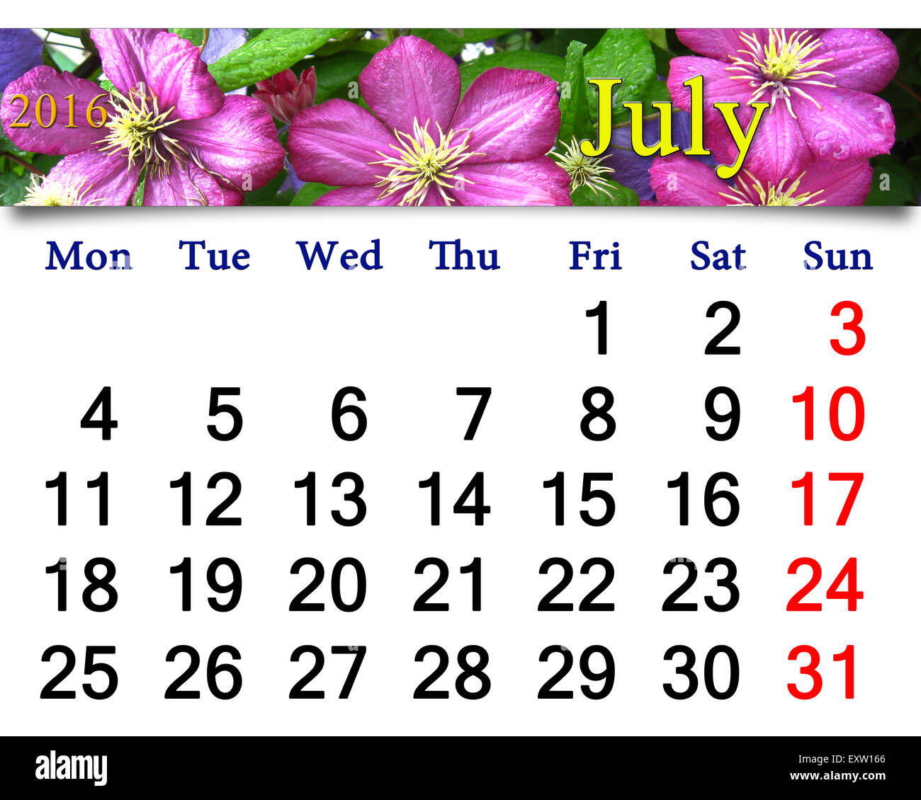 Kalender für Juli 2016 mit Band der blaue clematis Stockfoto