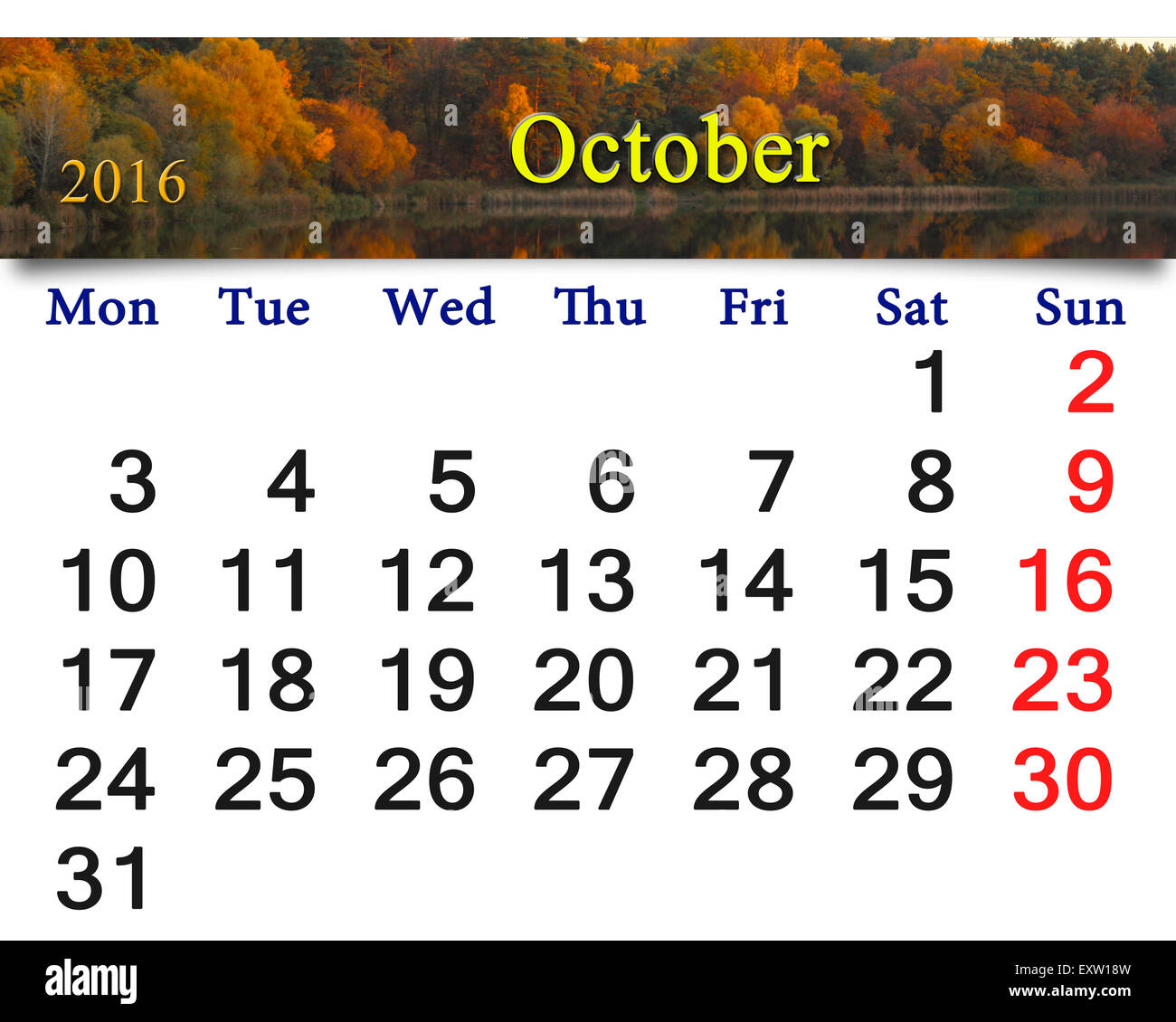 Kalender für Oktober 2016 und Waldsee mit Bäumen in gelbe Blätter Stockfoto