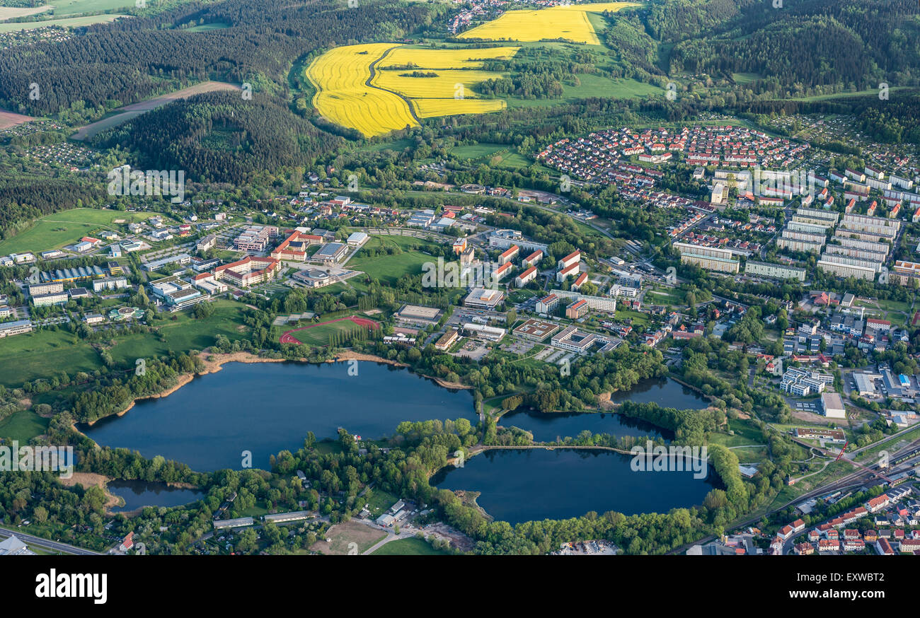 Luftaufnahme der Stadt Ilmenau und Teiche, TUCampus hinter, Ilmenau