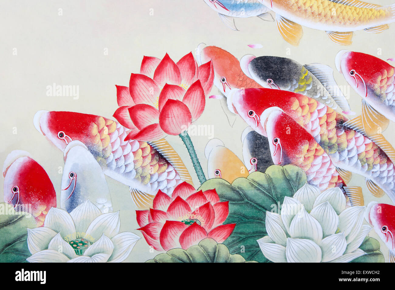 Traditionelle chinesische Malerei, Koi-Karpfen, Lotus, Stockfoto