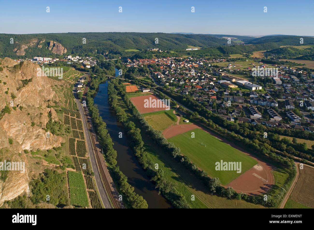 Blick vom Rotenfels auf Bad Münster bin Stein-Ebernburg, Rheinland-Pfalz, Deutschland Stockfoto