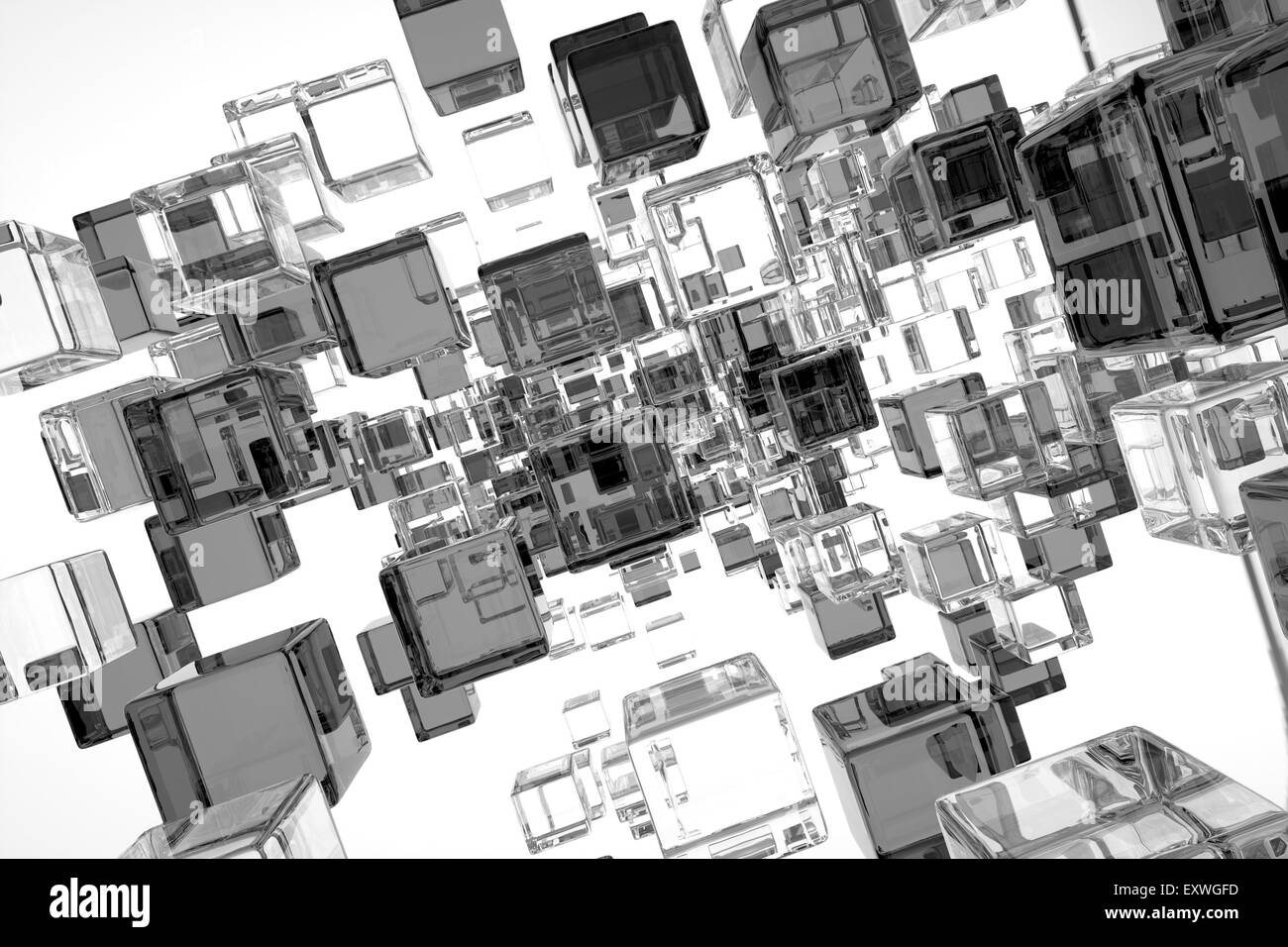 Klar und dunkel Glaswürfel in diesem futuristischen Hintergrund Stockfoto