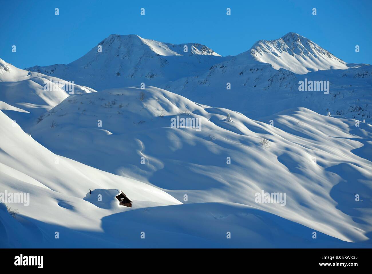 Winterlandschaft am Flexenpaß, Vorarlberg, Österreich Stockfoto