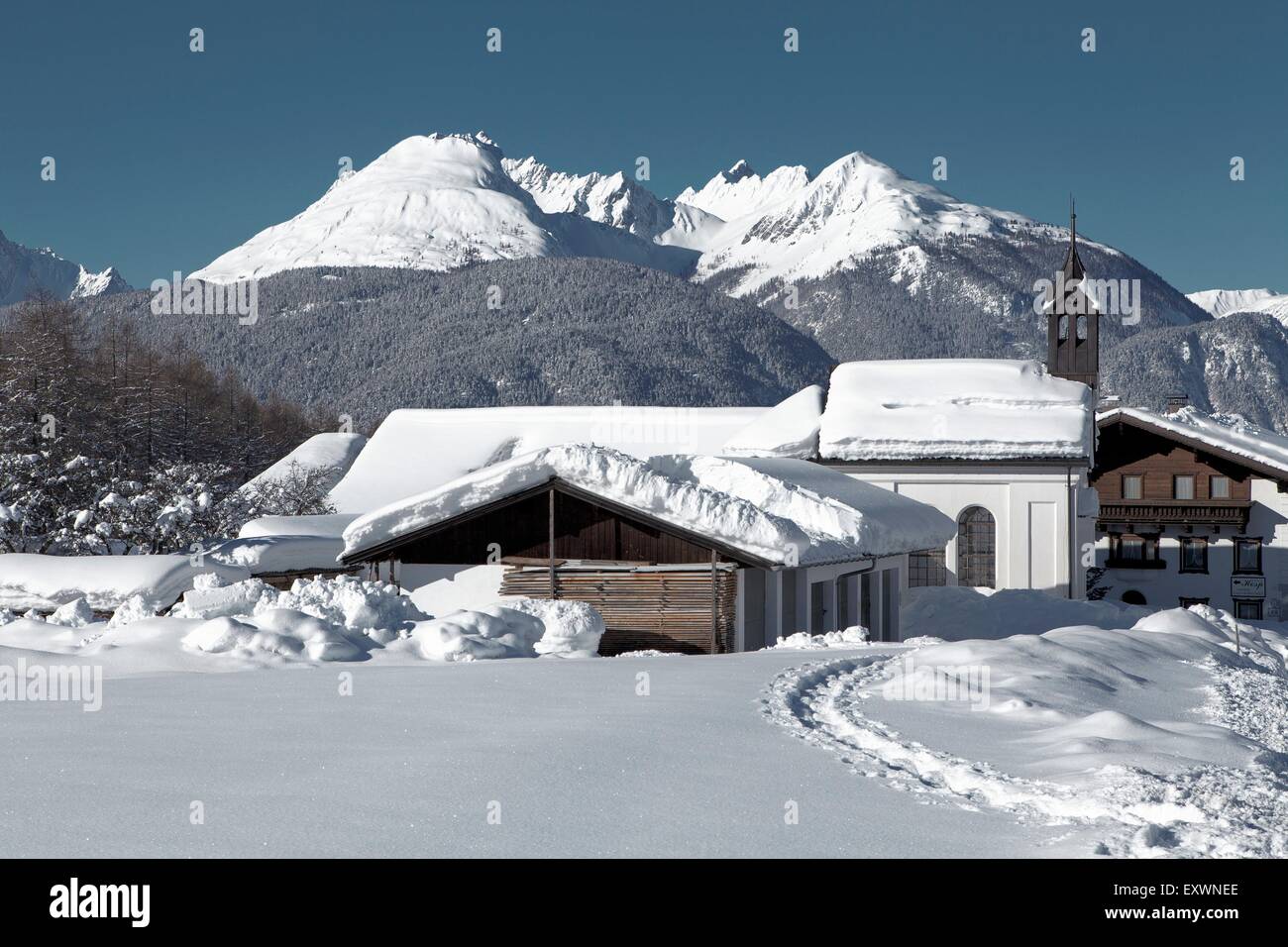 Winter am Mieminger Plateau, Tirol, Österreich Stockfoto