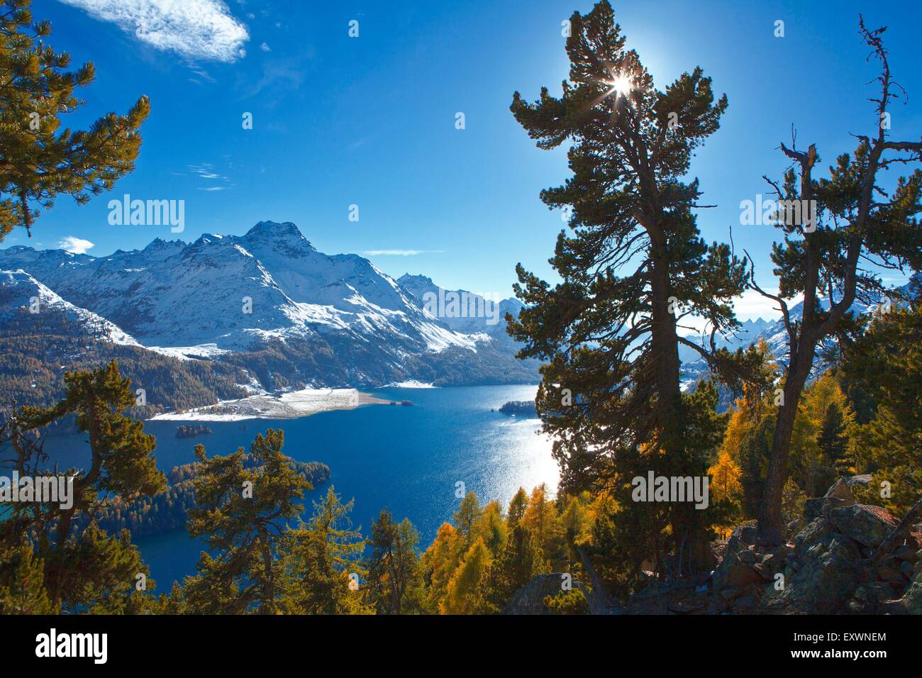 Bergwelt mit Silsersee, Oberengadin, Schweiz Stockfoto