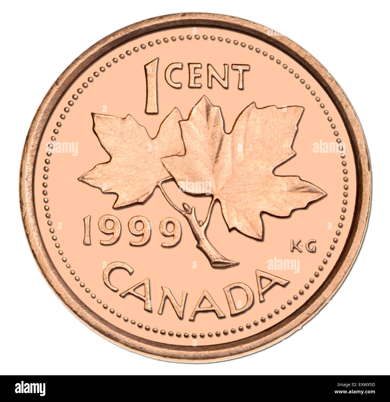 Kanadische 1c Münze von 1999 zeigt Ahorn Blätter (Hintergrund Digital geändert) Stockfoto
