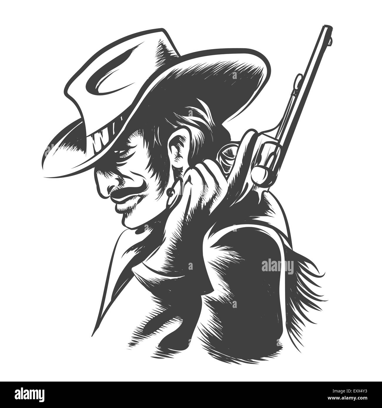 Mann in Cowboy-Kleidung mit Revolver in der Hand. Gravur-Stil. Monochrom auf weißem Hintergrund. Stock Vektor