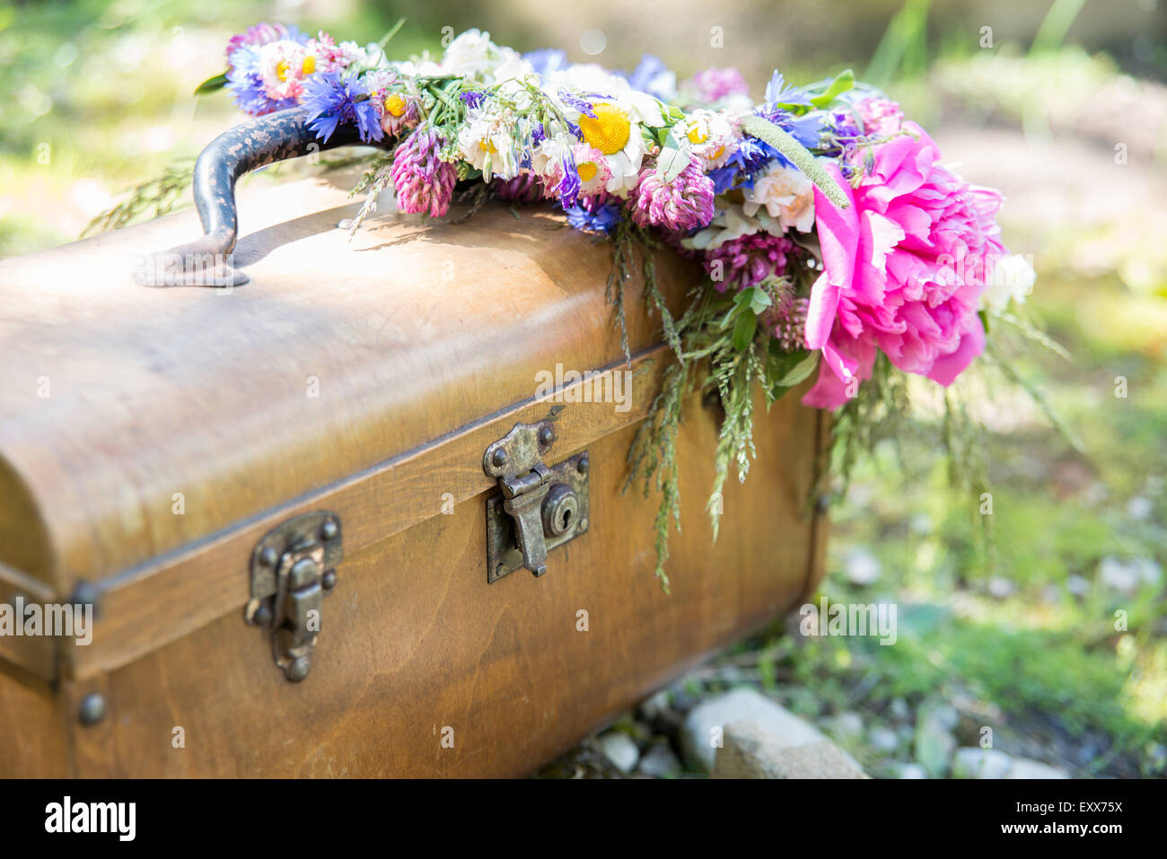 Ligo Mittsommer Fall Feier Kamille Kornblumen koronalen Land Gänseblümchen Blumen Girlande Grasgrün Gripsack Handtasche nach Hause Stockfoto