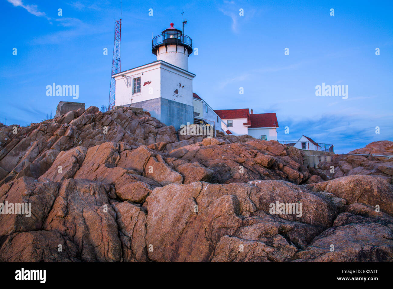 Weiche Abendlicht an der östlichen Point Lighthouse, Gloucester, Massachusetts, USA Stockfoto