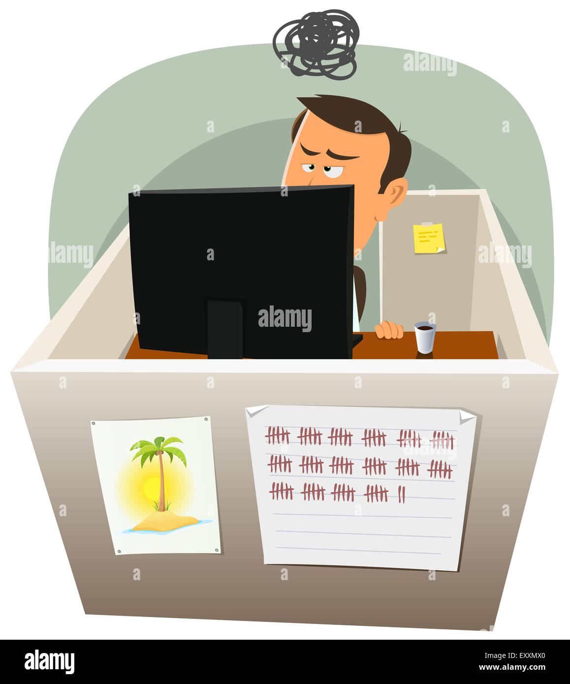 Beispiel für einen Cartoon Büro Mitarbeiter Mann Lebensstil, arbeiten in einem langweiligen Job frustriert in Müdigkeitsphasen Stockfoto