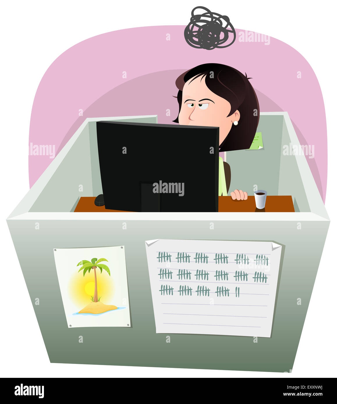 Abbildung eines Cartoon Büro Mitarbeiter Frau Lebensstils, arbeiten in einem langweiligen Job frustriert in Müdigkeitsphasen Stockfoto